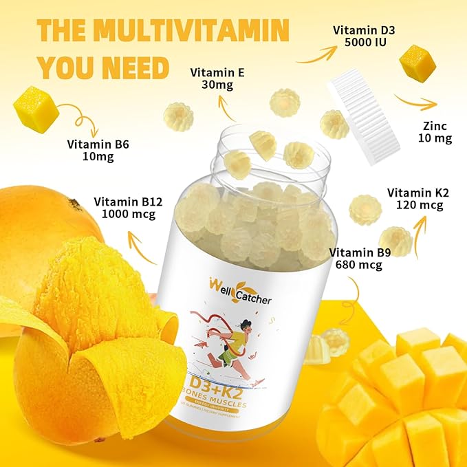 Vitamin D3 K2 Gummies - Vitamin D3 5000 IU K2 (MK-7) 120mcg Supplements with Vitamin B Complex Sugar Free for Adults Supports Bone Teeth Strength Immune Mango Flavor 60 Counts 1 Pack