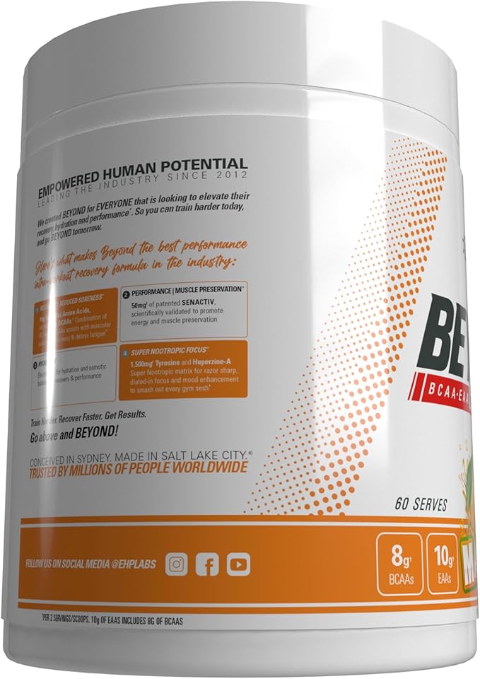 EHP Labs Beyond BCAA Powder Amino Acids Supplement for Muscle Recovery - 8g of Sugar Free BCAAs Amino Acids Post Workout Recovery Powder & 10g of EAA Amino Acids Powder - 60 Servings (Mango)