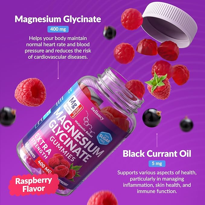 Magnesium Glycinate Gummies 400mg, Magnesium for Slеep, Body Support and Relaxation, Raspberry Magnesium Gummies for Adults with Blackcurrant Oil, Sugar Free, Non GMO, Gluten Free, 60 Days Supply
