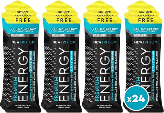 Extra Strength Energy Shots, Caffeine Energy Shots with Vitamin B & Amino Acids, Sugar-Free Vitamin Energy Shot, 1.7 fl oz, Blue Raspberry, 24 Count