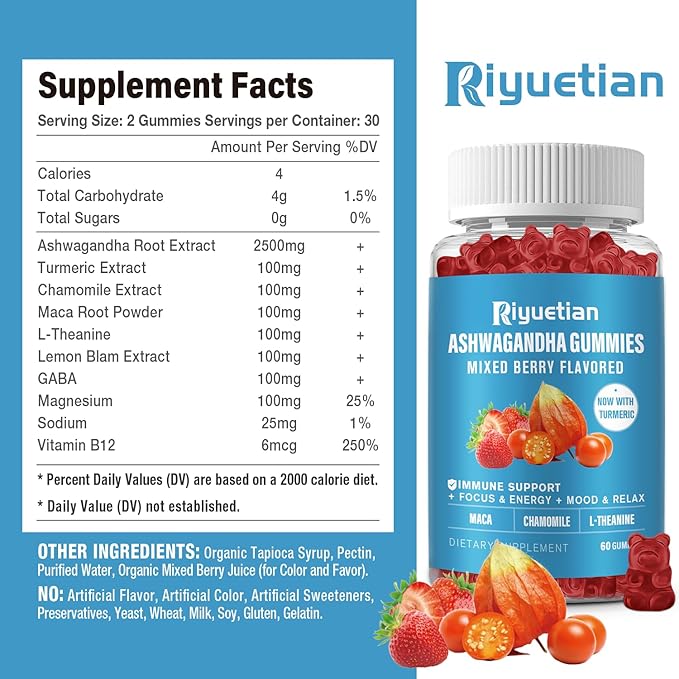 Ashwagandha Gummies for Women & Men - Stress Relief, Immune Support & Increased Energy - Ashwagandha Supplements for Men & Women - Natural Strawberry Flavor (60 Count)