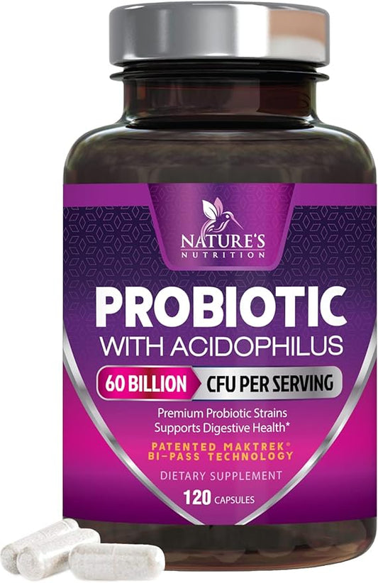 Probiotics 60 Billion CFU per Serving - 10 Strains + Prebiotics - Immune, Digestive & Gut Health Support, Supports Occasional Constipation, Gas & Bloating for Women & Men, Shelf Stable - 120 Capsules