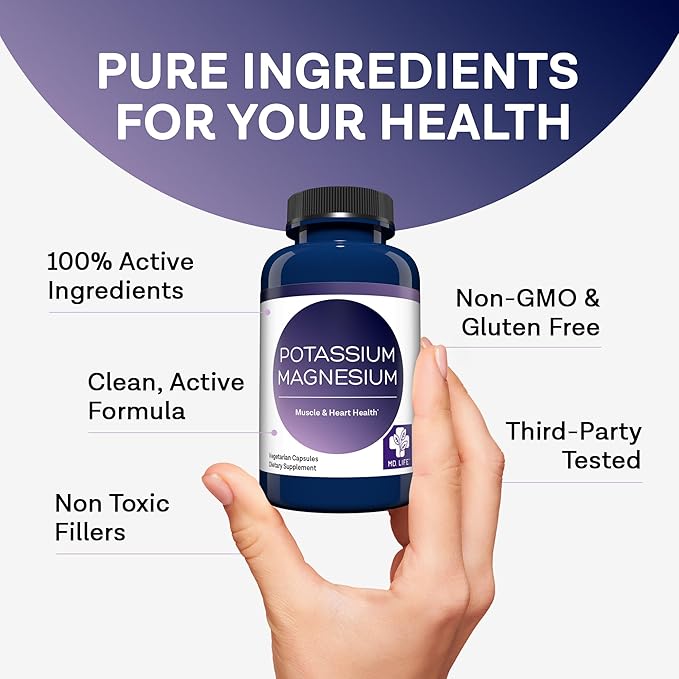 MD. Life Magnesium Potassium Supplement - 120 Capsules - High Absorption Magnesium Complex - Magnesium Supplement to Support Vascular Health & Leg Cramp 120cts