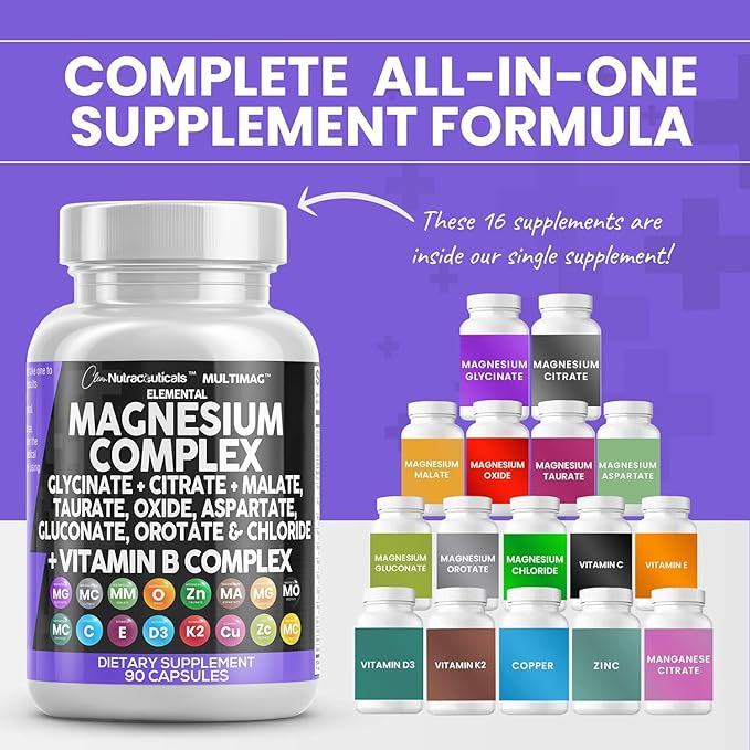Clean Nutraceuticals Magnesium Complex 2285mg with Magnesium Glycinate Citrate Malate Oxide Taurate Aspartate Orotate & Mag Chloride, Zinc Copper Manganese & Vitamin C B1 B2 B6 B12 Complex - 1Pack