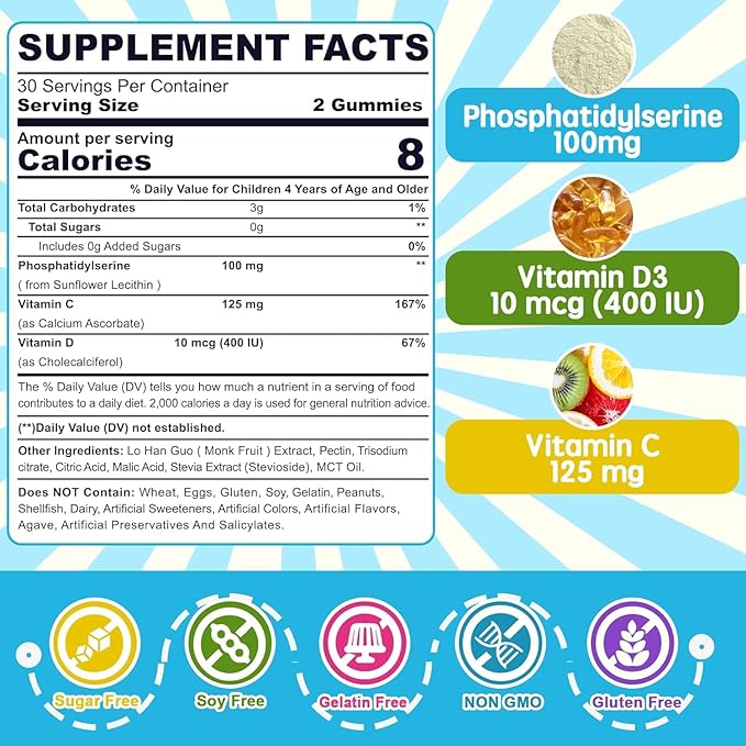 Phosphatidylserine Supplement 100mg, Focus Gummies for Kids Teens + Vitamin C & D3 400IU, Sugar Free Kids Brain Gummies Increase Attention & Concentration, Chewable, Vegan, Gluten Free, Non-GMO 60Cts