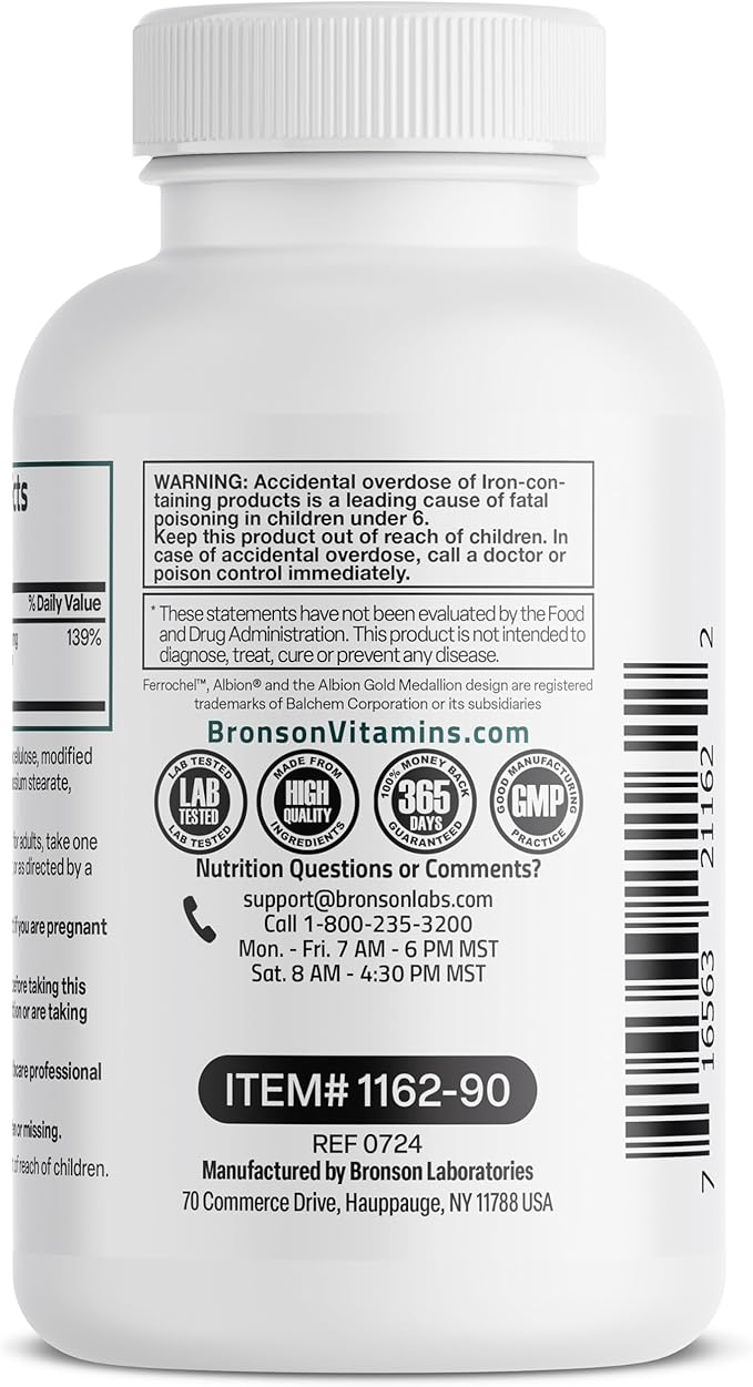 Bronson Iron Bisglycinate 25 mg Gentle on The Stomach, Supports Energy & Healthy Red Blood Cell Production - Non-Constipating Formula - Non GMO, 90 Vegetarian Capsules