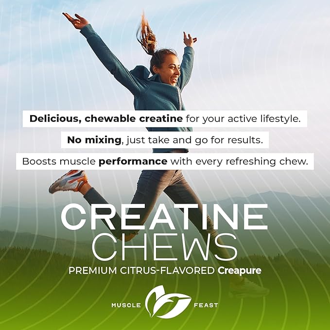 Muscle Feast Vegan Creatine Monohydrate, Gluten-Free Creapure Chews, Lemon Lime, 120 Tabs