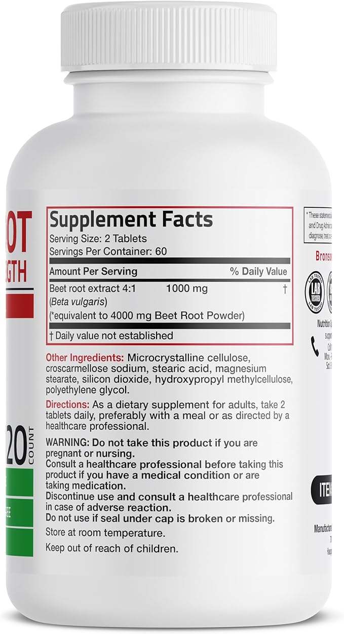 Bronson Beet Root Double Strength 4000mg Equivalent (from 1000 mg of 4:1 Extract), Non-GMO, 120 Vegetarian Tablets