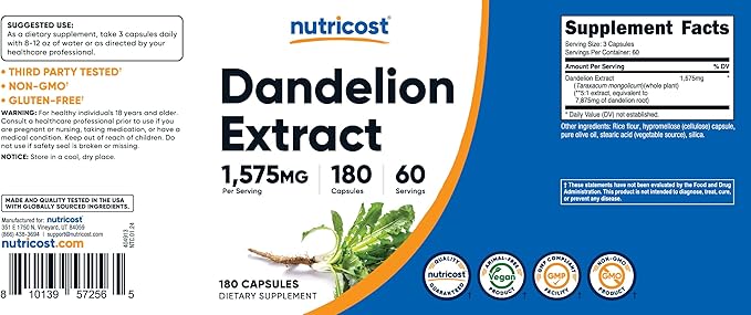 Nutricost Dandelion Extract Capsules 1575mg Per Serving (180 Capsules) - 525mg Per Capsule, Non-GMO, Gluten Free