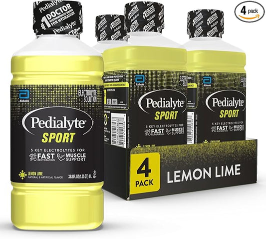 Pedialyte Sport Electrolyte Drink, Fast Hydration with 5 Key Electrolytes for Muscle Support Before, During, & After Exercise, Lemon Lime, 1 Liter, Pack of 4