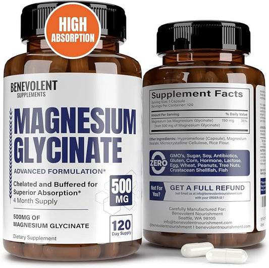 Premium Magnesium Glycinate 500mg Capsules High Absorption Formula Chelated Buffered Glycinate to Support Digestion, Bone, Sleep & Muscle Health - Made in USA - 120 Capsules