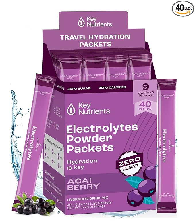 Key NUTRIENTS Multivitamin Electrolytes Powder Packets - Delicious Acai Berry 40 Pack Hydration Packets - Travel Hydration Powder - No Sugar, No Calories, Gluten Free - Made in USA
