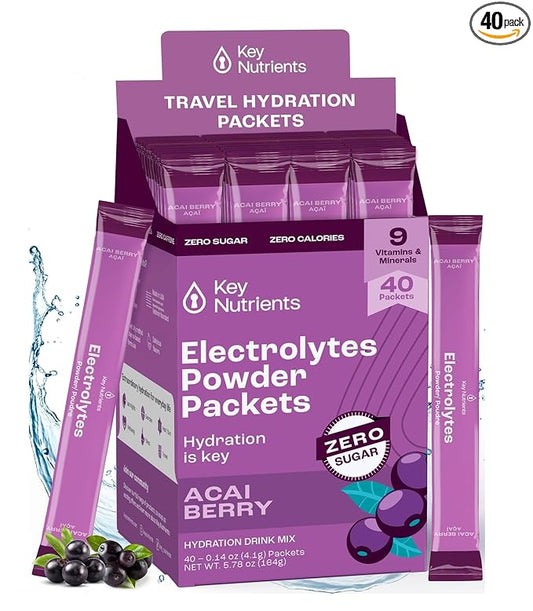 Key NUTRIENTS Multivitamin Electrolytes Powder Packets - Delicious Acai Berry 40 Pack Hydration Packets - Travel Hydration Powder - No Sugar, No Calories, Gluten Free - Made in USA