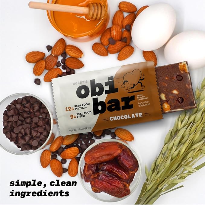 Obi Bar Chocolate - Protein and Oat Fiber Bar | All Natural | Meal Bar | Heart and Gut Health | Lightly Sweet | Chocolate Brownie | Almond Chunks | Soy Free, Dairy Free | Ideal Meal Replacement Bar