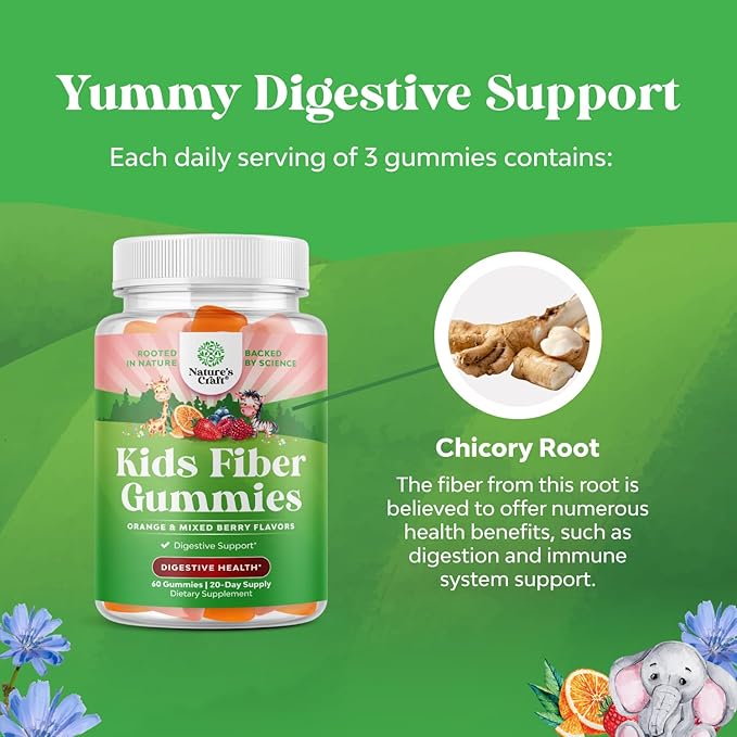 Kids Fiber Gummy Prebiotics Supplement - Soluble Fiber Gummies for Kids for Easing Constipation and Supporting Digestive Health Kids Fiber Gummies Immune System Booster Delicious Gummy Vitamins