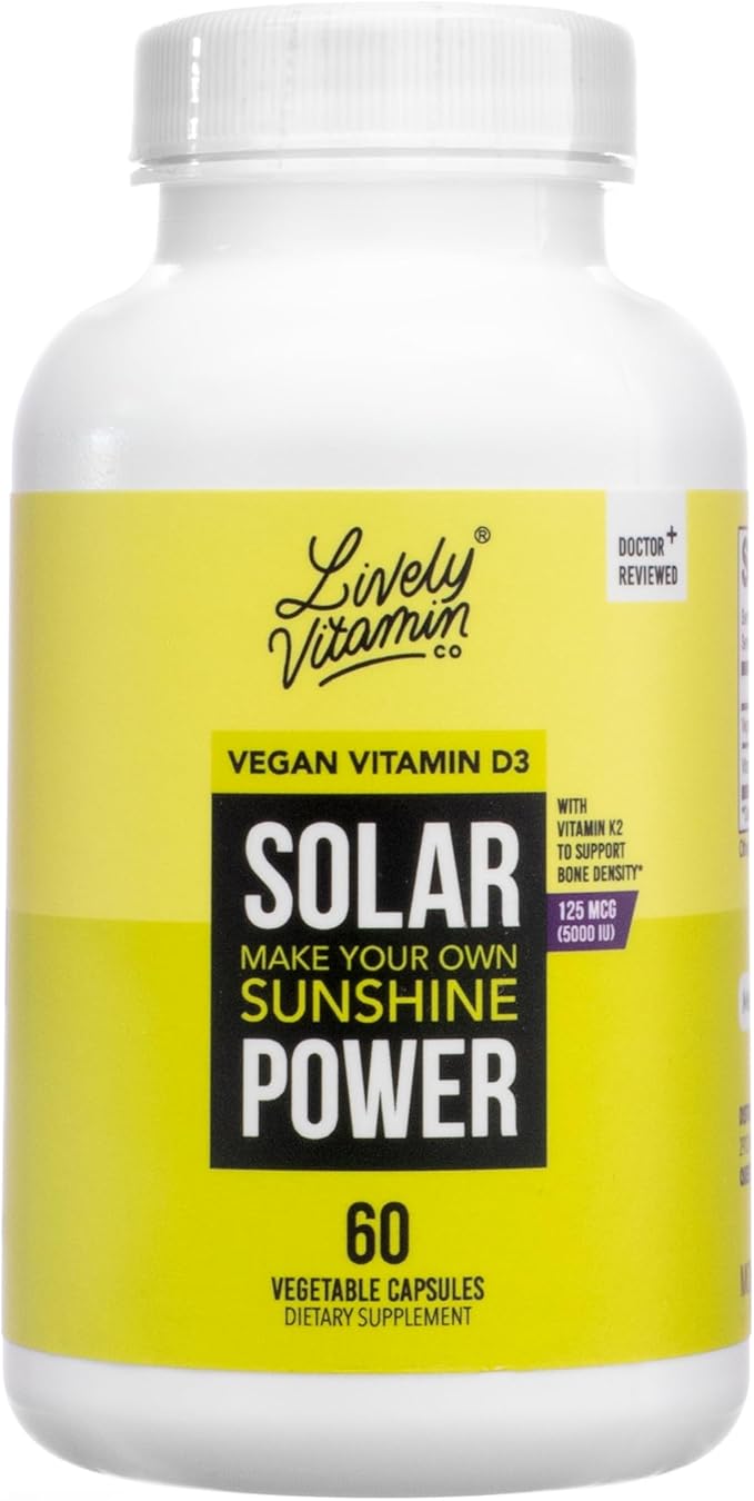 LIVELY VITAMIN CO. Solar Power Vitamin D3 5000 iu - Patented Vitamin K - MK7 - Immune Balance - Brain Function - Mood - Heart - Stress - 60 Count