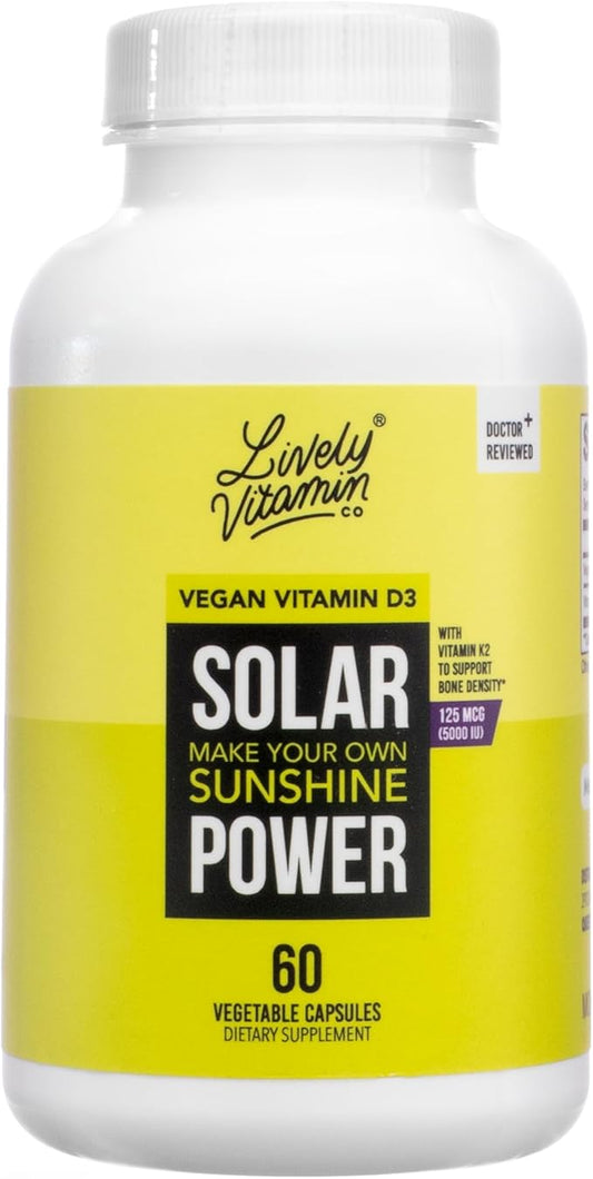 LIVELY VITAMIN CO. Solar Power Vitamin D3 5000 iu - Patented Vitamin K - MK7 - Immune Balance - Brain Function - Mood - Heart - Stress - 60 Count