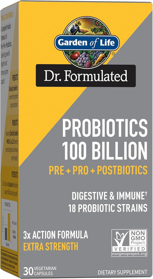 Garden of Life Dr Formulated Once Daily 3-in-1 Complete Probiotics, Prebiotics & Postbiotics Supplement for Women and Men’s Digestive & Immune Health – Extra Strength, 100 Billion CFU