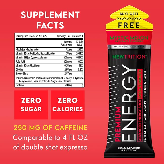 Extra Strength Energy Shots, Caffeine Energy Shots with Vitamin B & Amino Acids, Sugar-Free Vitamin Energy Shot Packets, 1.7 fl oz, Mystic Melon, 24 Count