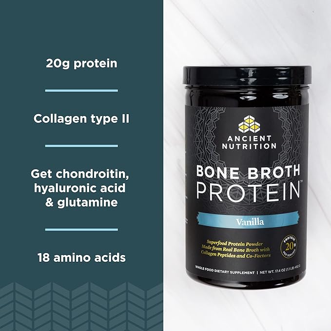 Ancient Nutrition Protein Powder Made from Real Chicken and Beef Bone Broth, Vanilla, 20g Protein Per Serving, 20 Serving Tub, Gluten Free Hydrolyzed Collagen Peptides Supplement