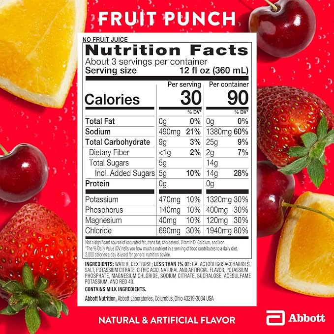 Pedialyte Sport Electrolyte Drink, Fast Hydration with 5 Key Electrolytes for Muscle Support Before, During, & After Exercise, Fruit Punch, 1 Liter, Pack of 4