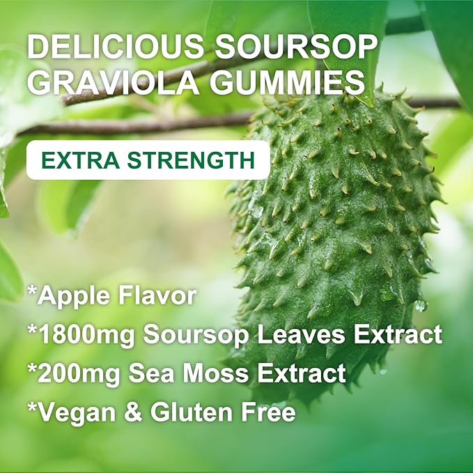 Soursop Graviola Gummies with Sea Moss Extract - Antioxidant, Cell Support & Regeneration, Immune Support, Soursop Leaves Gummies with Sea Moss, Vitamin C & Zinc, Apple Flavor - 60 Gummies(2 Pack)