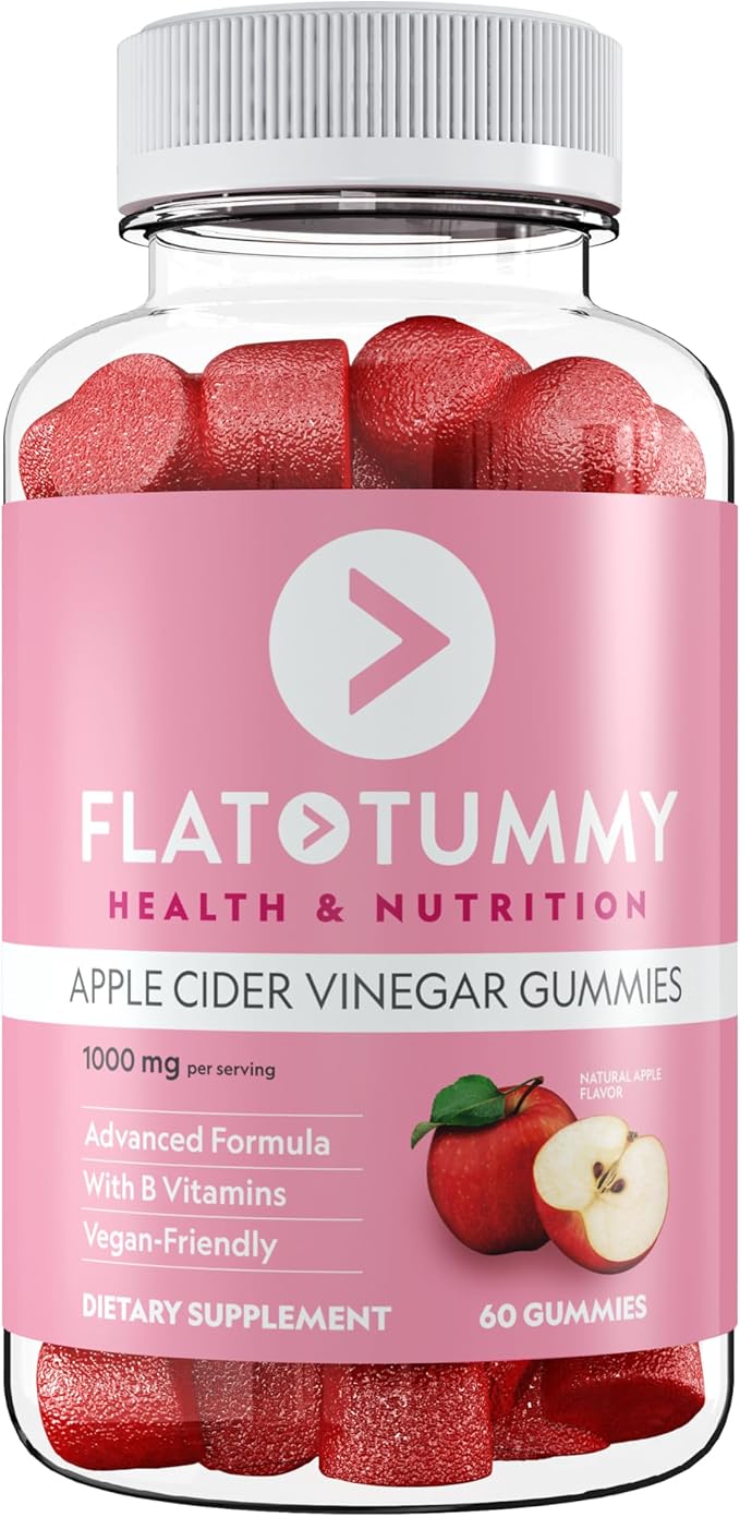 Flat Tummy Apple Cider Vinegar Gummies, 60 Count – ACV Gummies, Detox, Support Gut Health – Vegan-Friendly, Non-GMO - Beet and Pomegranate Superfood Powders, Vitamins B6, B9 & B12
