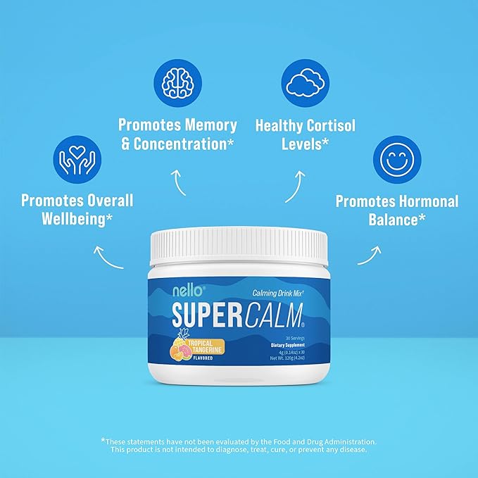 Nello Supercalm Powdered Drink Mix, Tropical Tangerine, L Theanine, Ksm-66 Ashwagandha, Magnesium Glycinate, Vitamin D 3, Supplements for Relaxation & Focus, Natural, No Sugar, Non GMO, Vegan, 30 Srvg
