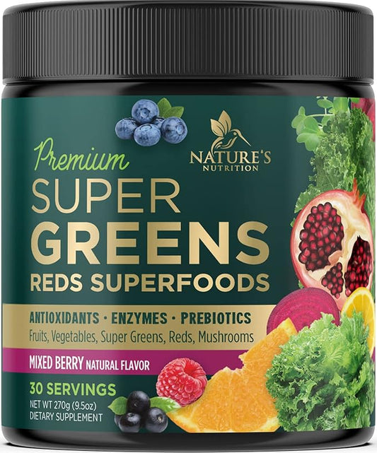Super Greens Superfood Powder Drink Mix - Green Whole Food Blend for Energy & Gut Health with Spirulina, Chlorella, Mushrooms, Vegetables, Digestive Enzymes Antioxidant & Probiotics - 30 Servings