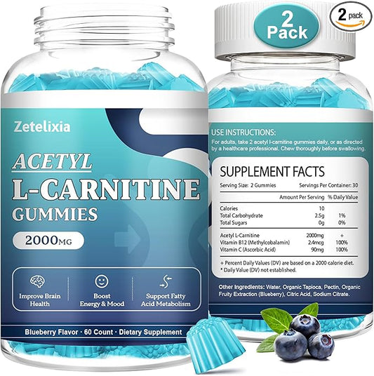 2 Pack Acetyl L-Carnitine Gummies 2000mg, L-Carnitine Supplement with Vitamin C & B12, ALCAR for Energy, Brain & Mood Support, Fatty Acid Metabolism, Vegan, Non-GMO, Sugar Free, 120 Count