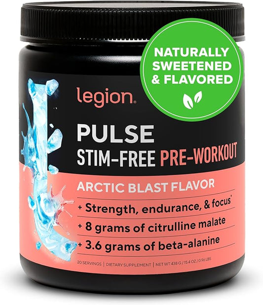LEGION Pulse Pre Workout Supplement - All Natural Nitric Oxide Preworkout Drink to Boost Energy, Creatine Free, Naturally Sweetened, Beta Alanine, Citrulline, Alpha GPC (Caffeine Free Arctic Blast)