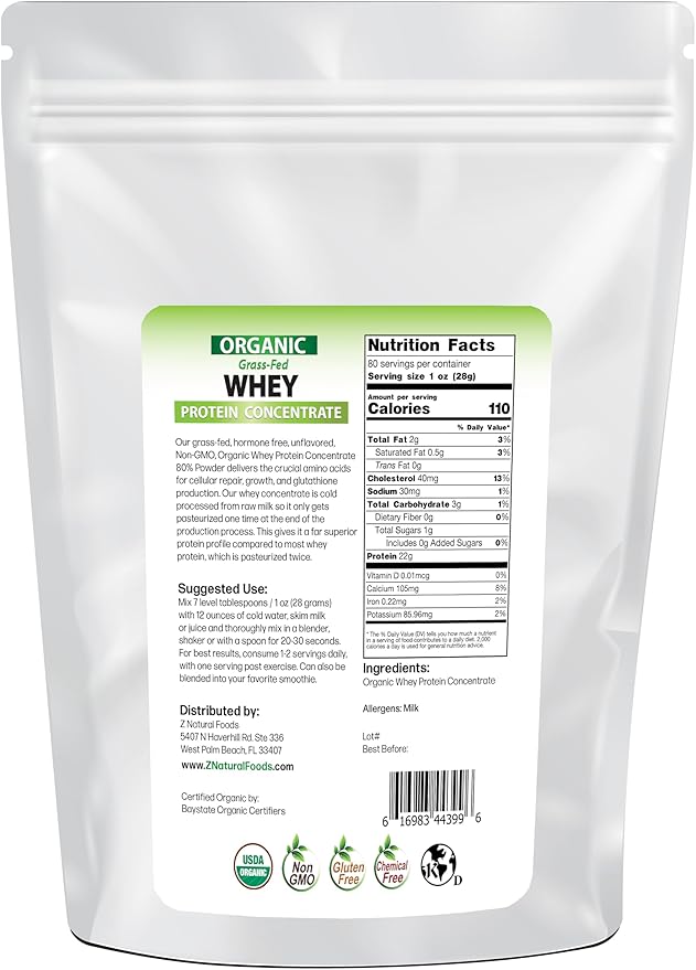 Z Natural Foods Organic Whey Protein Concentrate - Nutrient-Dense Grass Fed Whey Protein Powder - Cold Processed Pure Whey Protein with Essential Amino Acids for Nutrition & Fitness, Unflavored, 5 lbs