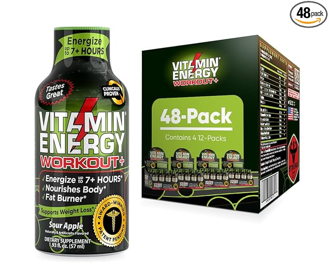 Vitamin Energy Pre Workout Drink - Keto Friendly Sugar Free Shots | Natural Clean Green Tea Caffeine with Proprietary Endurance Blend | Energize up to 7+ Hours - Sour Apple - 1.93 Fl Oz (Pack of 48)