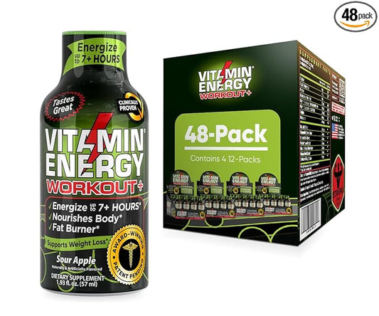 Vitamin Energy Pre Workout Drink - Keto Friendly Sugar Free Shots | Natural Clean Green Tea Caffeine with Proprietary Endurance Blend | Energize up to 7+ Hours - Sour Apple - 1.93 Fl Oz (Pack of 48)