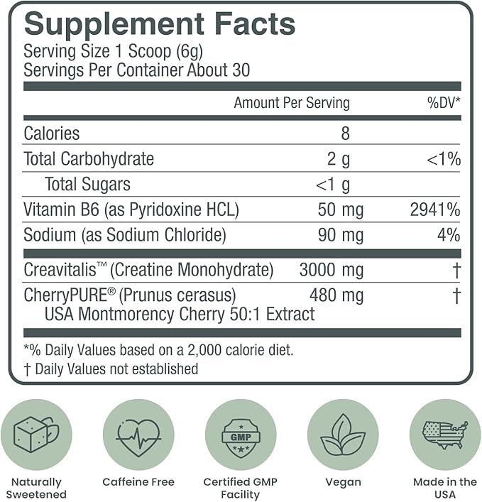 German Micronized Creatine + USA Tart Cherry + Vitamin B6 - Pre and Post Workout Supplement for Women & Men, Tart Cherry Lime Flavor, Caffeine-Free Nourishment for Body and Brain