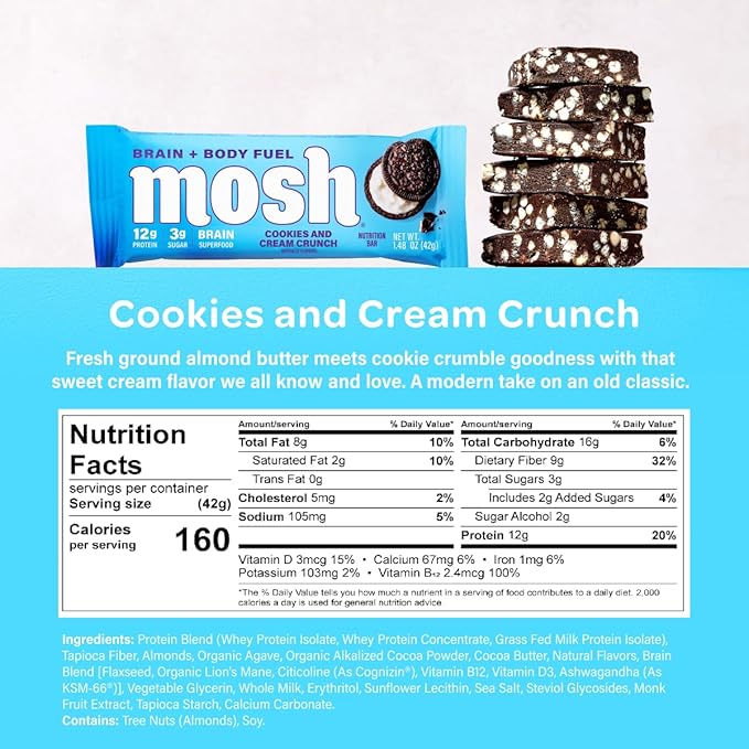 MOSH Cookies and Cream Crunch Bars, 12g Grass-Fed Protein, Keto Snack, Gluten-Free, No Added Sugar, Lion's Mane, B12 Vitamins, Supports Brain Health, Workout Recovery, Breakfast To-Go (12 Bars)…