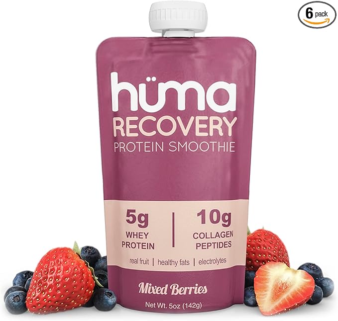 Huma Recovery Protein Smoothie, 6 Pouches – 15g Collagen + Whey Post Workout Recovery Drink – Ready-to-Drink Protein Shake with Real Fruit, Electrolytes, Healthy Fats
