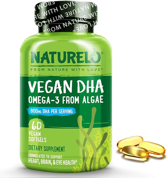NATURELO Vegan DHA - Omega 3 Oil from Algae - Supplement for Brain, Heart, Joint, Eye Health - Provides Essential Fatty Acids for Women, Men and Kids - Complements Prenatal Vitamins - 60 Softgels