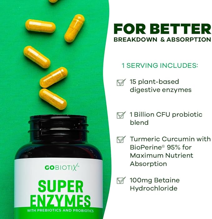 GOBIOTIX Digestive Enzymes Supplement with Prebiotics and Probiotics for Women and Men - Gut Health, Gluten Digestion, Lactose Absorption, Plant Based Dietary Pills - 120 Capsules