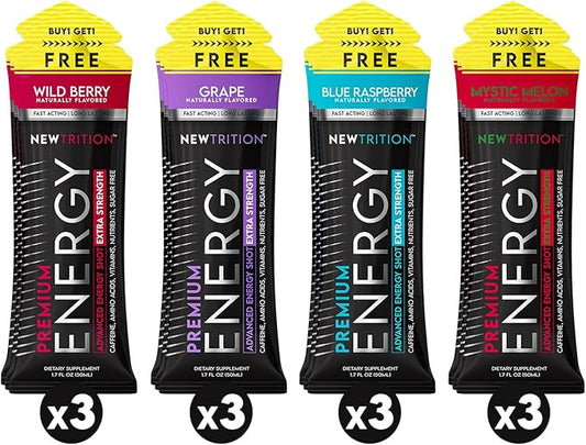 NewTrition Extra Strength Energy Shots, Caffeine Energy Shots with Vitamin B & Amino Acids, Sugar-Free Vitamin Energy Shot, 1.7 fl oz, Mixed Flavors, 12 Count