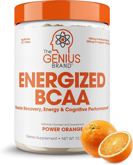 Genius BCAA Energy Powder, Orange - Nootropic Amino Acids & Muscle Recovery - Natural Vegan BCAAs Workout Supplement for Women & Men (Pre, Intra & Post Workout) - No Artificial Sweeteners