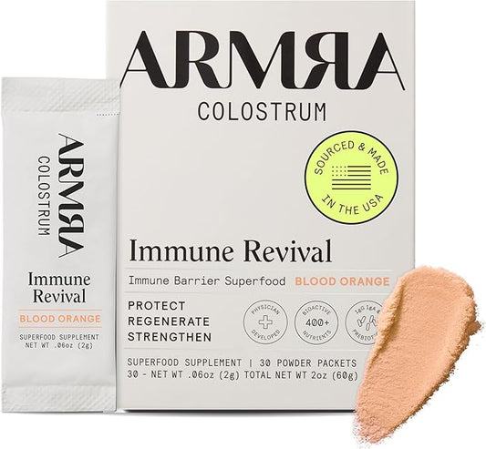 ARMRA Colostrum™ Premium Powder, Grass Fed, Gut Health Bloating Immunity Skin & Hair, Contains 400+ Bioactive Nutrients, Potent Bioavailable, Keto, Gluten & Fat Free (Blood Orange | 30 Servings)