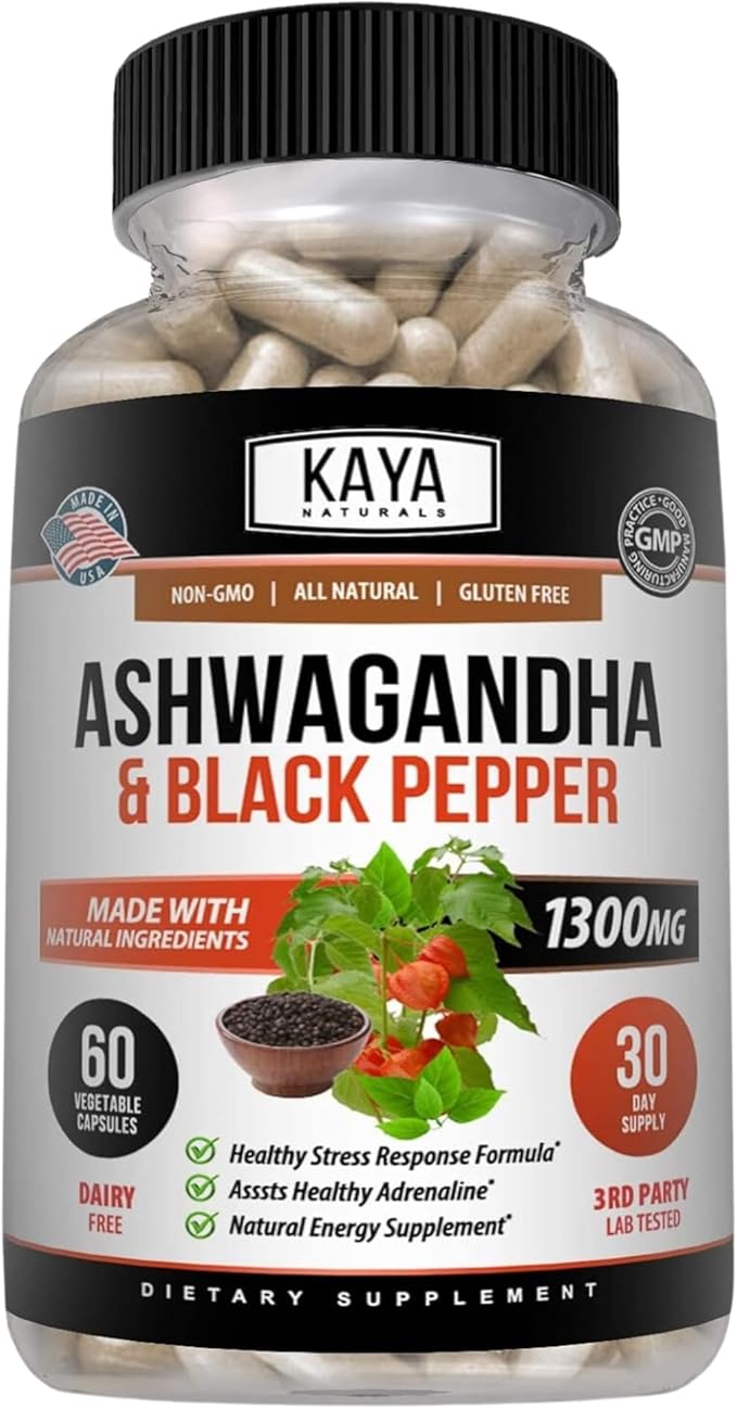 Kaya Naturals Organic Ashwagandha Capsules Extra Strength - Stress Relief Formula, Natural Mood Support, Stress, Focus, and Energy Support Supplement, 60 Capsules