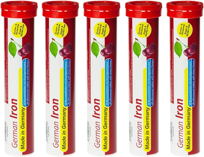 German Iron 14 mg - 100 Vegan Drink Effervescent Tablets - Cherry Flavor - Made in Germany