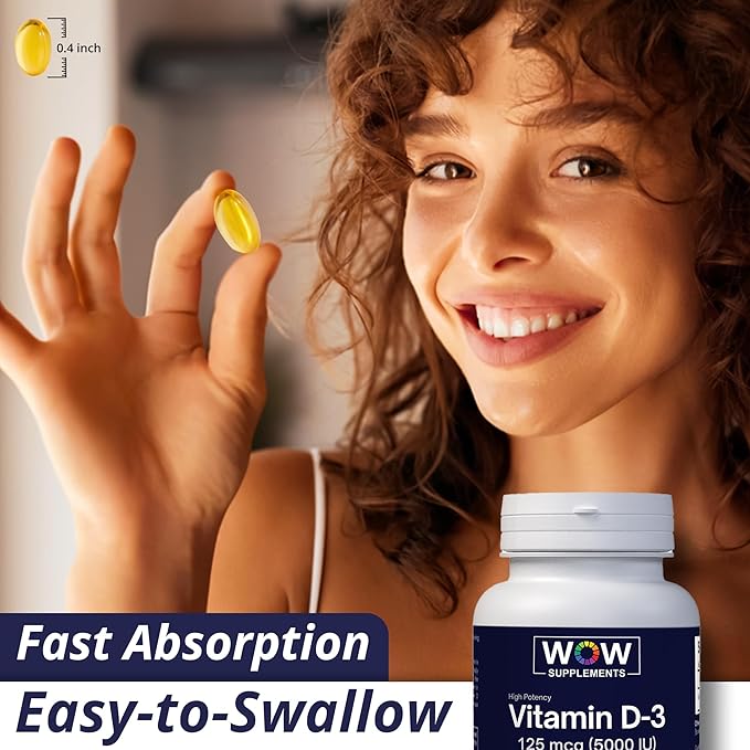 WOW Supplements Vitamin D3 5000 IU Softgels, 125 mcg - Vitamin D3 5000IU Supplement for Strong Bones and Immune Support - Non-GMO, Gluten Free Vitamin D 5000 IU - VIT D3 5000 IU Softgels - 120 Count