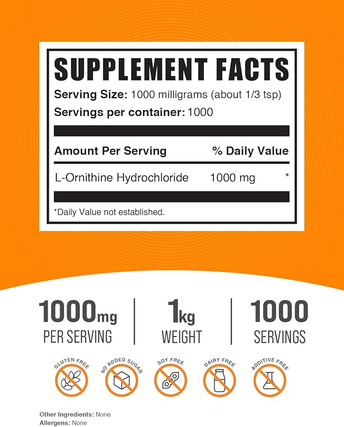 BulkSupplements.com L-Ornithine HCl Powder - L-Ornithine Hydrochloride, Ornithine Supplement - Amino Acids Supplement, Gluten Free, 1000mg per Serving, 1kg (2.2 lbs) (Pack of 1)