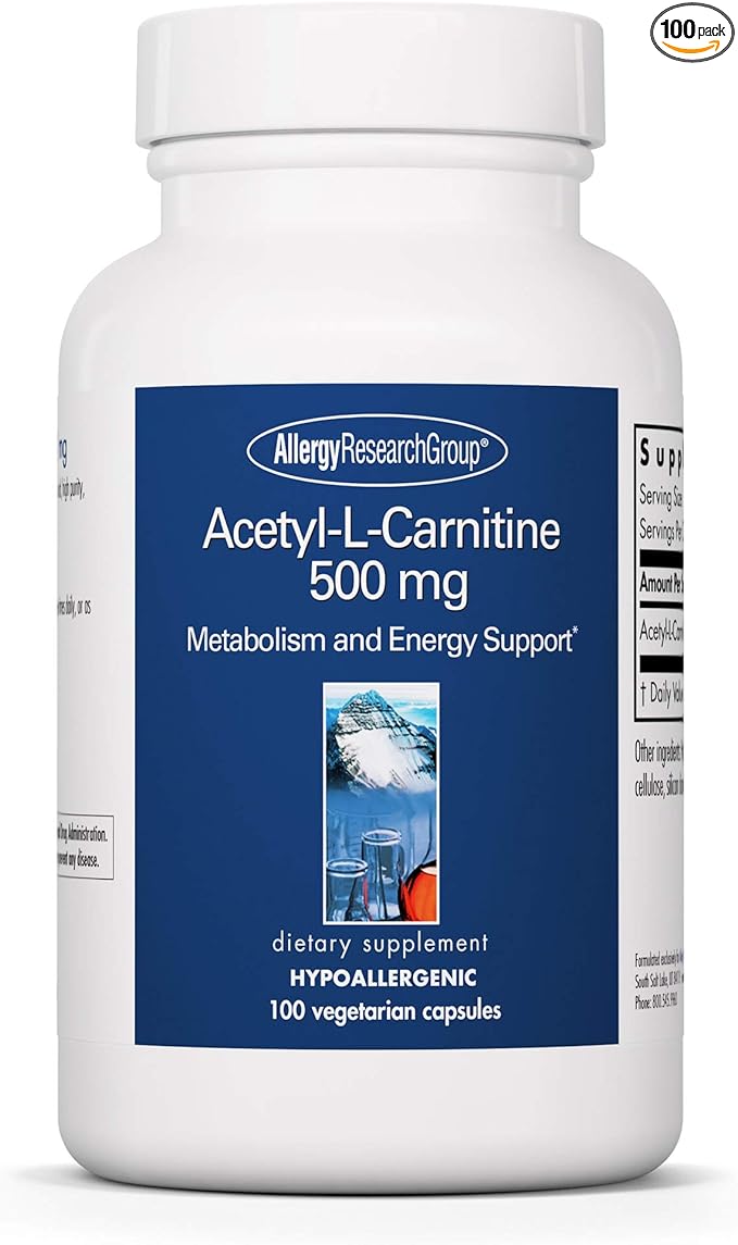 Allergy Research Group Acetyl-L-Carnitine 500mg Supplement - Metabolism and Energy Support, ALC, Free Form Amino Acid, Vegetarian Capsules - 100 Count