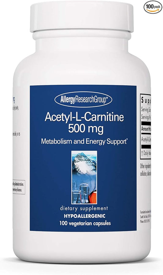 Allergy Research Group Acetyl-L-Carnitine 500mg Supplement - Metabolism and Energy Support, ALC, Free Form Amino Acid, Vegetarian Capsules - 100 Count
