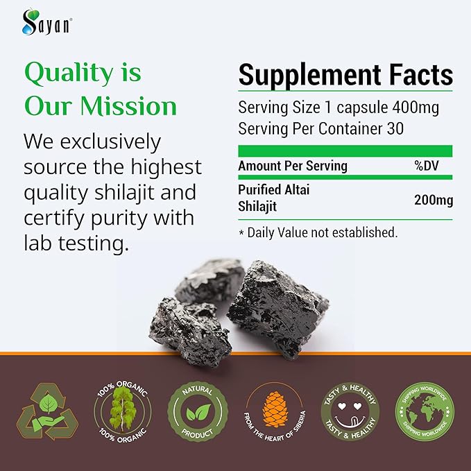 Sayan Shilajit Pure Organic Black Resin Mineral Tablets - Premium Quality Supplement Drops for Men and Women (120 Tablets, 2 Month Supply) for Immune Support, and Energy Boost