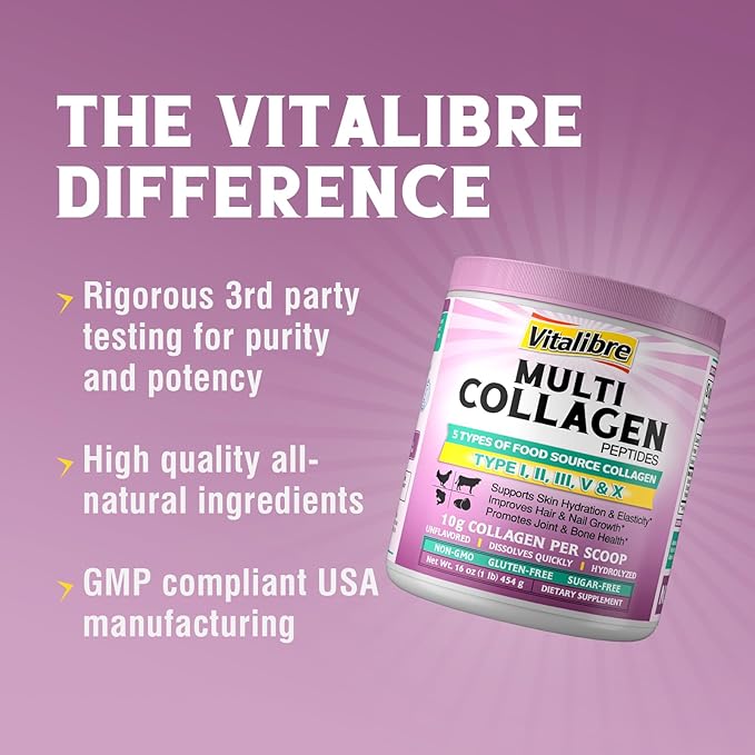 Multi Collagen Peptides Powder Type I II III V X, Hydrolyzed Collagen Protein for Women and Men, Skin, Hair, Nails and Joints, Unflavored, Non-GMO, Keto & GF, Zero Sugar, 45 Servings, 16oz